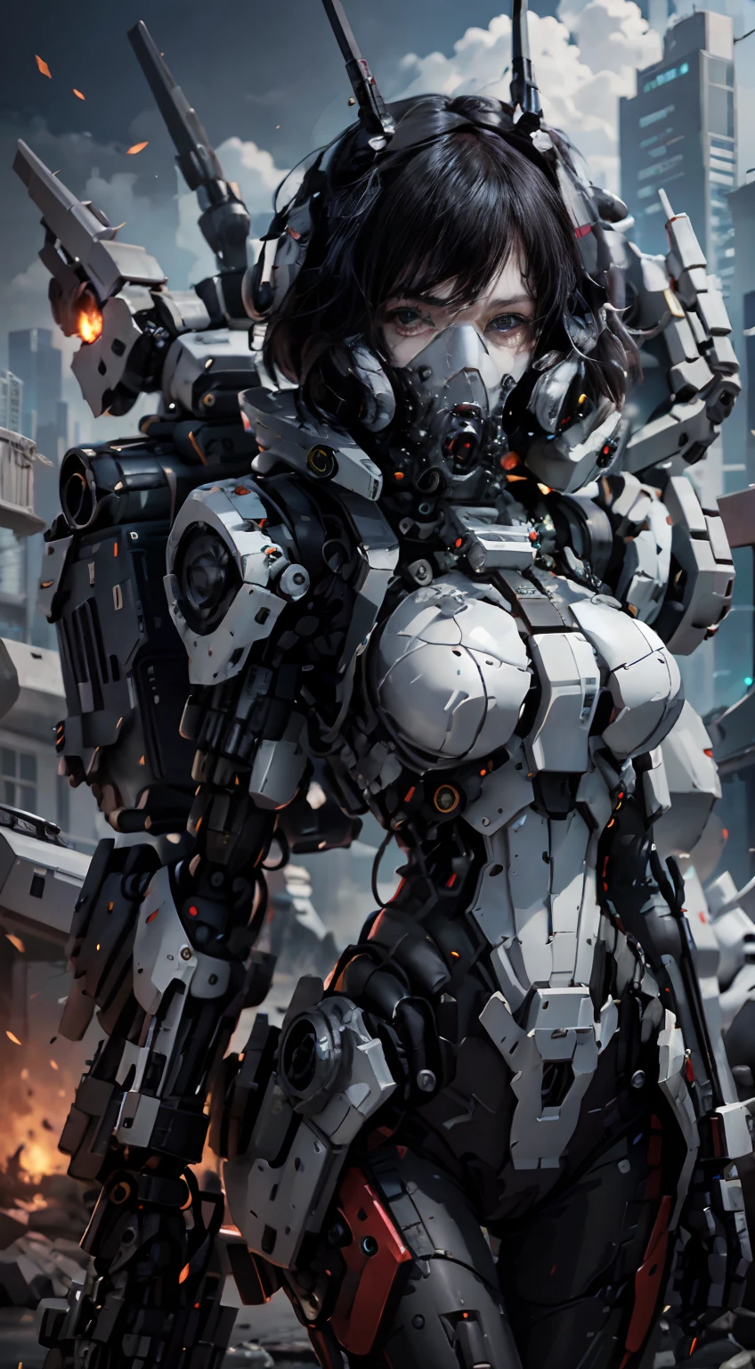 This is a CG Unity 8k wallpaper with ultra-detailed, high-resolution and top quality in cyberpunk style, dominated by black and red. In the picture, a beautiful girl with white messy short hair, a delicate face, wearing a steam mecha mask, standing on the ruins, behind her is a huge robot, and the action of a woman holding a heavy sniper rifle in her hand,