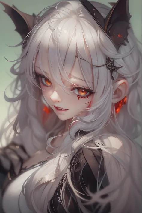 Handsome Count Vampire，closeup cleavage，head portrait，Open your mouth，the bats，long canine teeth，There is blood on the teeth，long whitr hair，（bleeding from the corners of her mouth：1.4），Blood splattered，depth of fields，dynamic blur，high light，Real light，Ra...