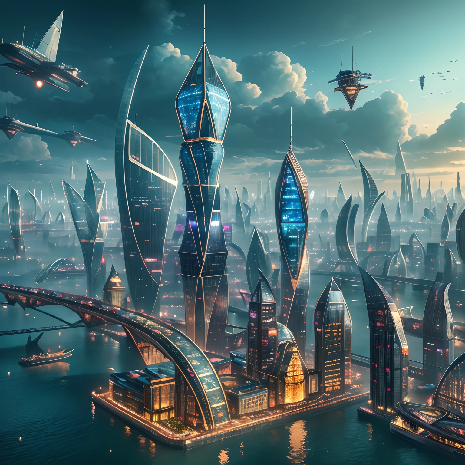 "Floating City": A new century metropolis suspended in the clouds, towering skyscrapers, Intricate bridges, and airships gliding between buildings, surrealism, color field printing, High detail, hyper HD, 8K, Anatomically correct, cinematic lighting 4d quality