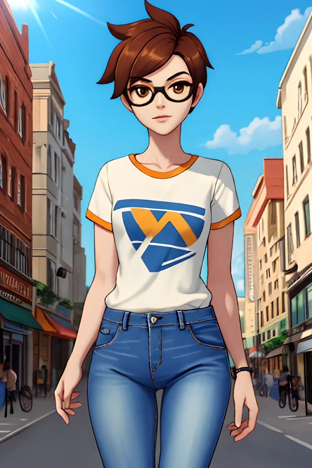 tracer, casual clothes, shirt,  jeans, city street, sunlight, best quality