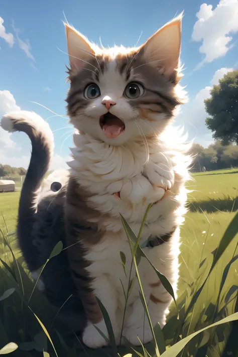 a cat,open mouth,a cat standing on grass,