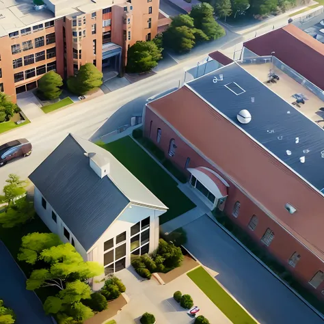 Aerial view of the school building with a football field in the middle ...