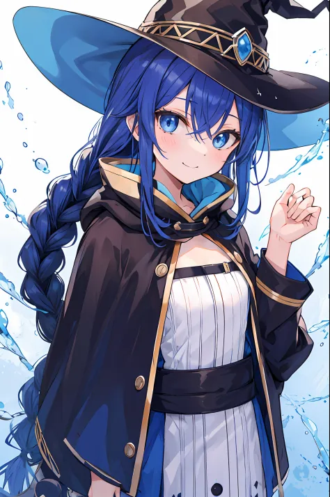 Roxy Migurdia, 1girl in, Bangs, black headwear, Witch Hat, Blue eyes, Blue hair, braid, brown cape, Floating hair, hair between ...