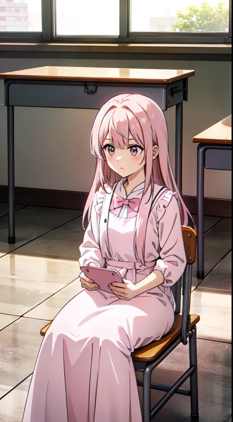 (((A pink-haired girl wears a long white dress)))，((( while sitting in a classroom)))