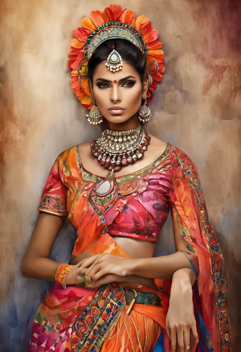 A painting of a woman in a colorful sari and jewelry - SeaArt AI