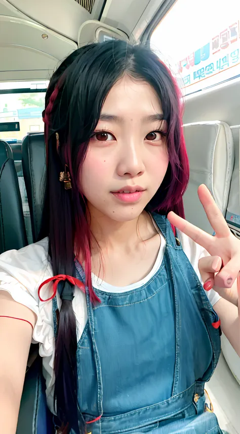 Asian woman，Long hair and red overalls sitting on a bus, belle delphine, jaeyeon nam, sun yunjoo, wan adorable korean face, ulzz...