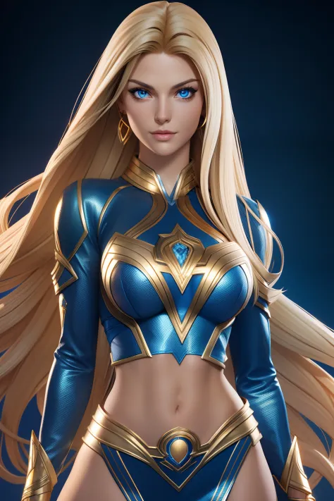 Sexy superheroine long blonde hair glowing blue eyes wears a blue outfit gold shoulder pads gold bracelets revealing abs midriff...