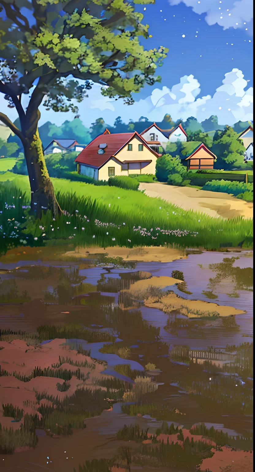 Hay una pintura de una granja de una casa, paisaje de campo anime, paisaje animado concept art, arte de fondo animado, paisaje animado, paisaje animados, fondo de pueblo lejano, obra de arte del paisaje, El estilo de Makoto Shinkai, dibujado en el estudio de pintor de anime, fondo de arte, algunas casas al fondo, estudio con soltura makoto shinkai, fondos de anime