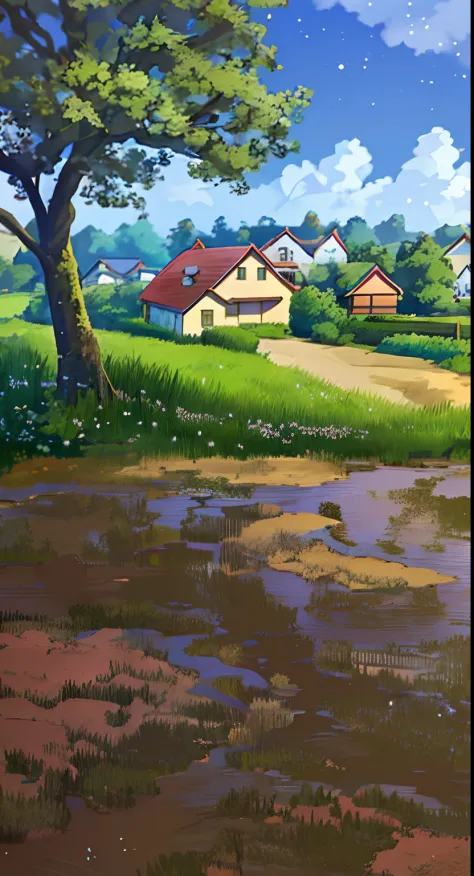 There is a painting of a farm of a house, anime countryside landscape, Anime landscape concept art, Anime background art, Anime ...