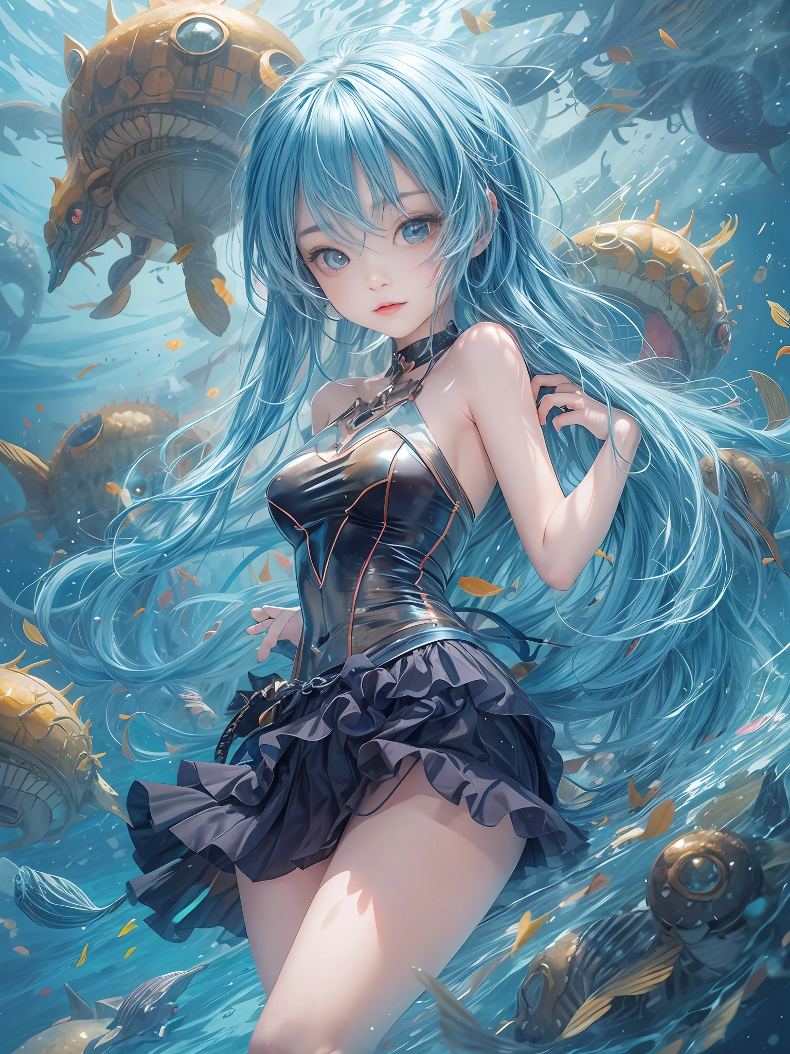 1 small curved ，blue hair，Lie at the bottom of the sea，full 