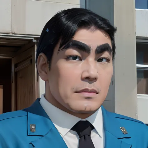 k4nk1ch1 people, police uniform, black eyes, connect the eyebrows, character design police man