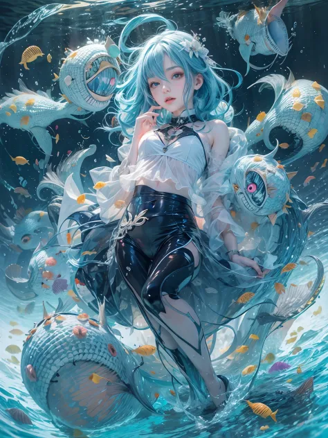 1 small curved loli，blue  hair，Lie at the bottom of the sea，full bodyesbian，Surrounded by monsters，Beauty wears transparent gel ...
