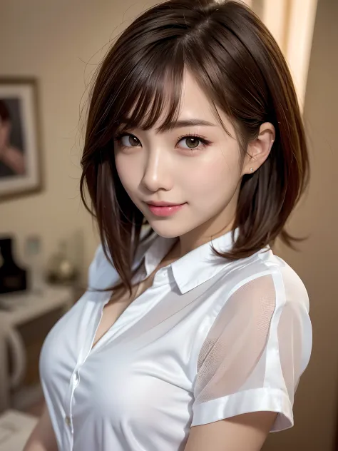 product quality, a upper body shot, front view, 1girl, a Japanese young pretty woman, long bob hair, hyper pretty face, glamorous, wearing a short sleeves and long length satin silk white shirt with collared, with a big smile in her room, glossy lips, doub...