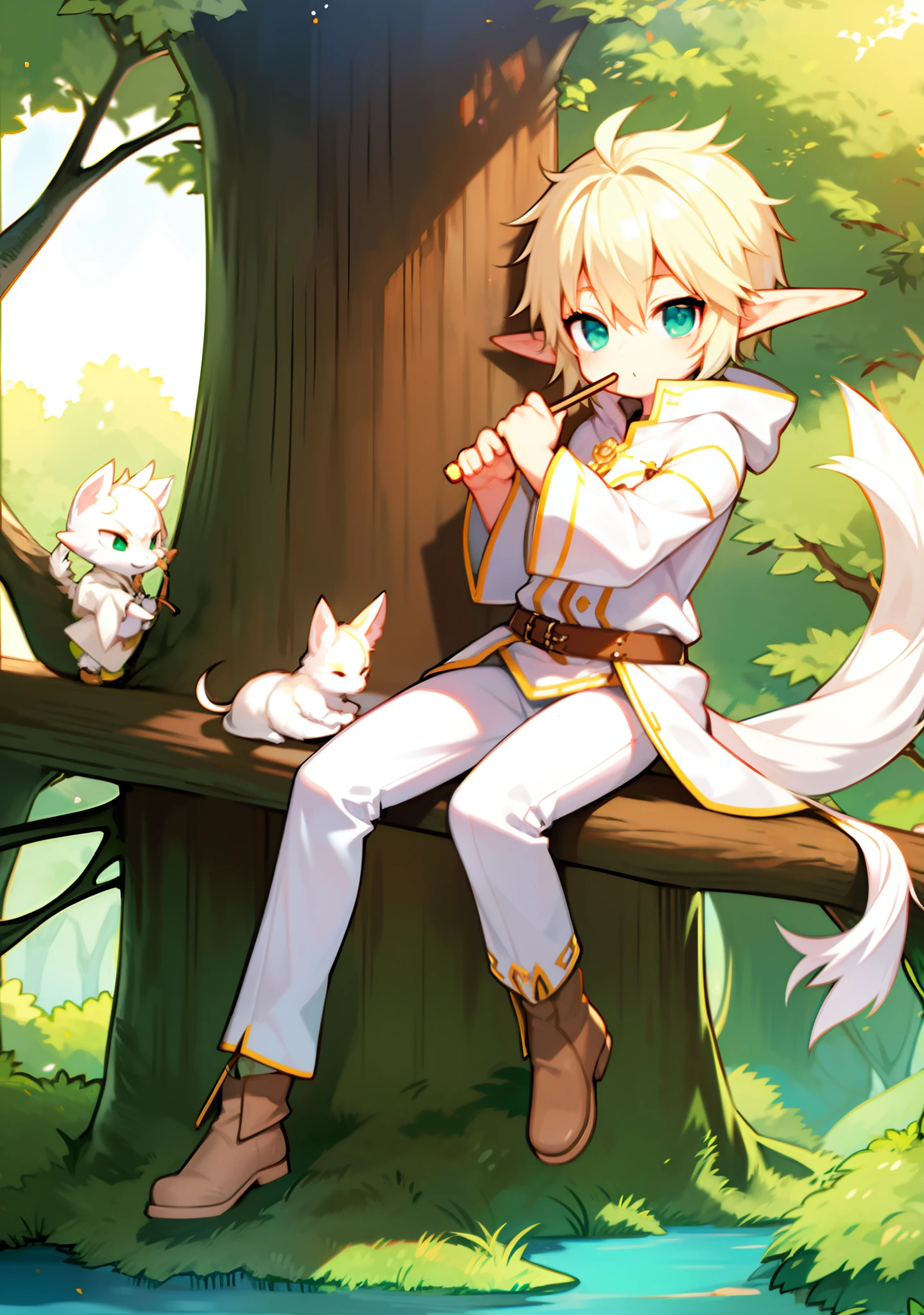 younge boy。Sit on a branch。Hold the flute with both hands，Put it to your mouth。Piper，Shake your legs。Elf pointed ears。White dye。genie。Ranger。Green hooded trench coat。Brown leather boots。kotori