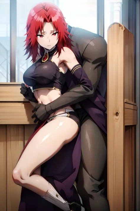 senna 1girl, 1boy, thigh sex, , crop top, highleg panties, mature male, grabbing, hug from behind,, masterpiece, best quality, highly detailed,red eyes,red hair