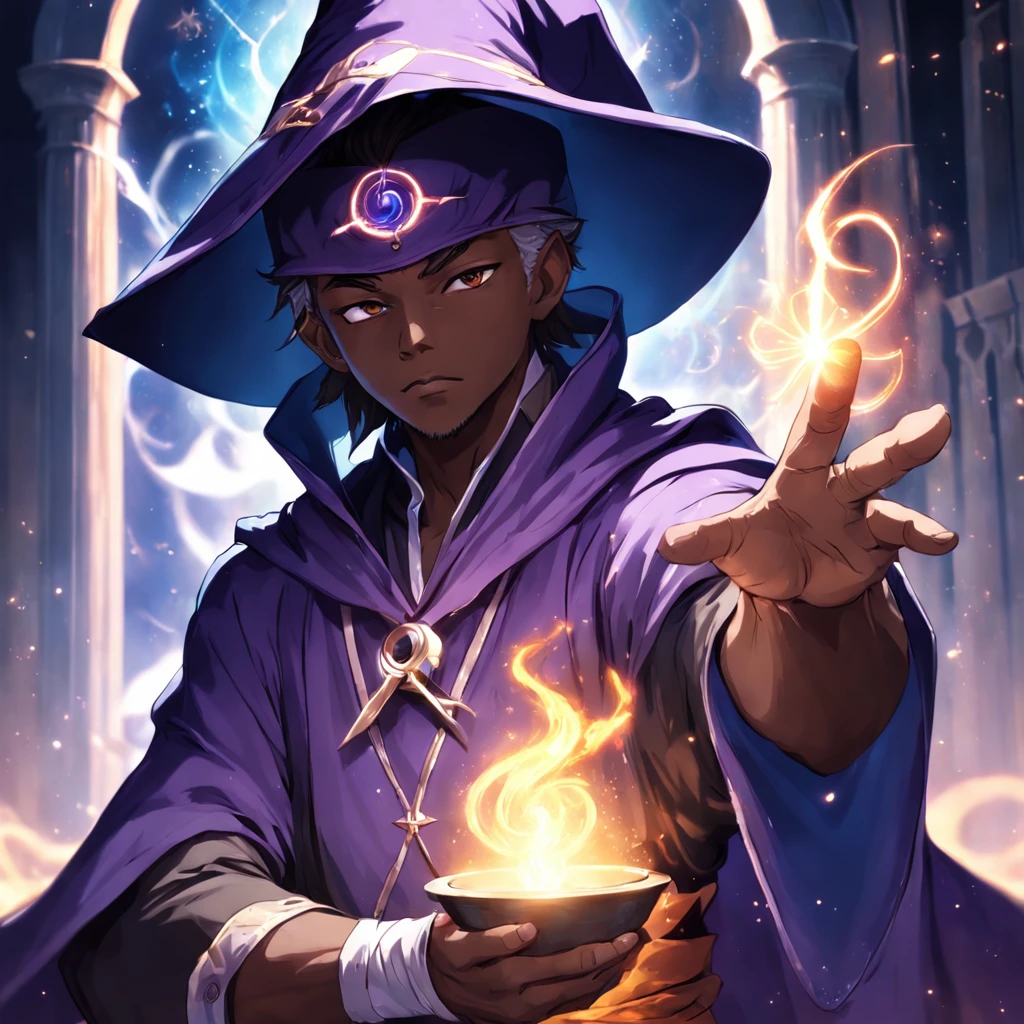 ((grand wizard and a master of magic)), ((mage robes and hat)), ((mature male)), ((early 20s)), toned, ((wizard male)), 1boy, Masterpiece, absurdres, fine detail, HDR, solo, upper body, charming expression, ((dark skin)), magic runes surrounding him, magic circle in background, ((hat covering eyes)), ((arms crossed)),