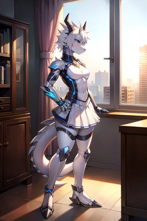 Mechanical Dragon，Silver Dragon，wearing a white skirt，Standing in the apartment
