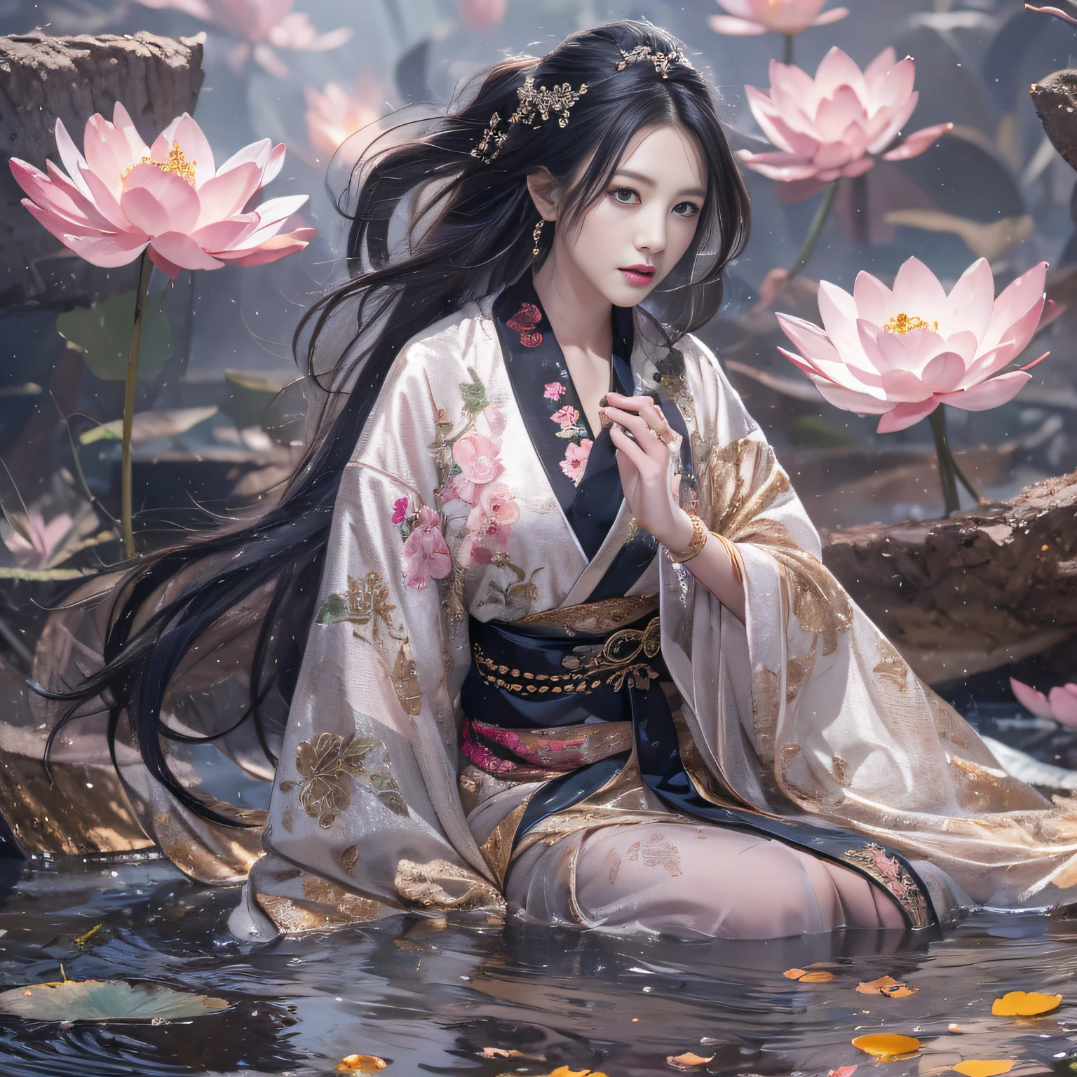 32K（tmasterpiece，k hd，hyper HD，32K）Long flowing black hair，ponds，zydink， a color，  Xuzhou people （Silly girl）， （Silk scarf）， Combat posture， looking at the ground， long whitr hair， Floating hair， Carp pattern headdress， Chinese long-sleeved clothing， （Abstract watercolor splash：1.2）， Pink petal background，Pink and white lotus flowers fly（realisticlying：1.4），Black color hair，Fallen leaves flutter，The background is pure， A high resolution， the detail， RAW photogr， Sharp Re， Nikon D850 Film Stock Photo by Jefferies Lee 4 Kodak Portra 400 Camera F1.6 shots, Rich colors, ultra-realistic vivid textures, Dramatic lighting, Unreal Engine Art Station Trend, cinestir 800，Long flowing black hair