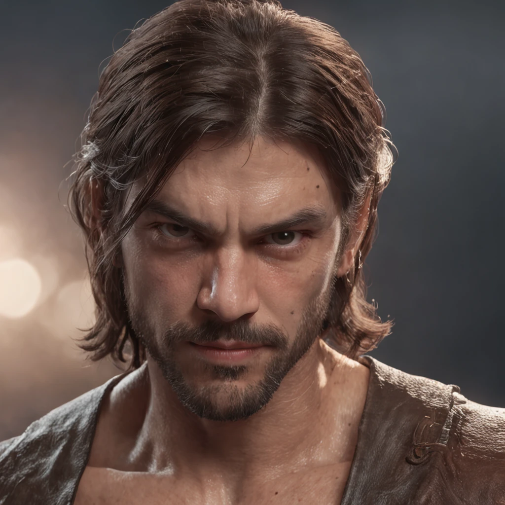 (Professional 3D rendering:1.3) de (Realistic:1.3) Foto de arte mais bonita do mundo，Features soft, bright male heroes, ((Epic hero fantasy rough muscular man wet hero angry look long hair short beard and fierce expression in dynamic pose, fantastic location, majestoso ambiente desordenado)), corpo inteiro 8k unidade render, action shot, poros da pele, very dark lighting, sombreamento pesado, circunstanciado, Rosto detalhado, (vibrante, fotogrdeia realista, Realistic, Dramatic, Escuro, foco nítido, 8k), (Old leather clothes damaged by bad weather:1.4), ((((Use peles)))), (intrincado:1.4), decadente, (altamente detalhado:1.4), pintura digital, rendering by octane, art stations, Conceito-Arte, liso, foco nítido, illustration, germe da arte, (Loish:0.23), Wlop Ilya Kuvshinov, e Greg Rutkowski e Alphonse Mucha Gracias, (global ilumination, studiolight, Light Volumetric), chuva forte, floating particles, patife, fantasia, Onze, corpo inteiroesbian, ((Fundo escuro e antigo da cidade:1.3)),CGSesociedade,art stations