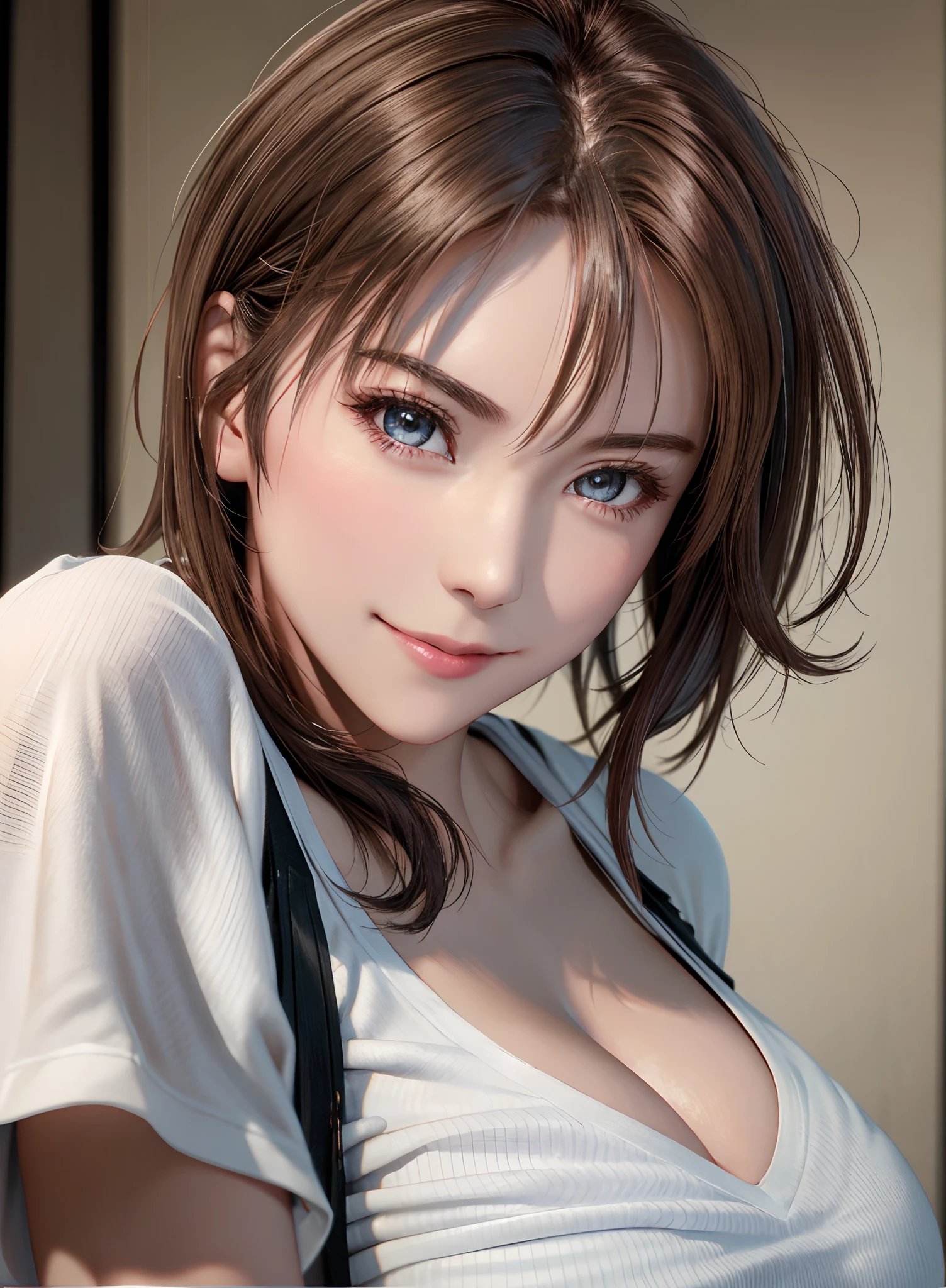 Top quality, ultra high resolution, (photorealistic: 1.4), beautiful eyes, super beautiful, short hair, beautiful breasts, lover, t-shirt with rough chest, eyes inviting viewer, lover's eyes, inviting facial expressions, sexy smile, perfect style, perfect balance, detailed skin, naughty eyes, chest visible