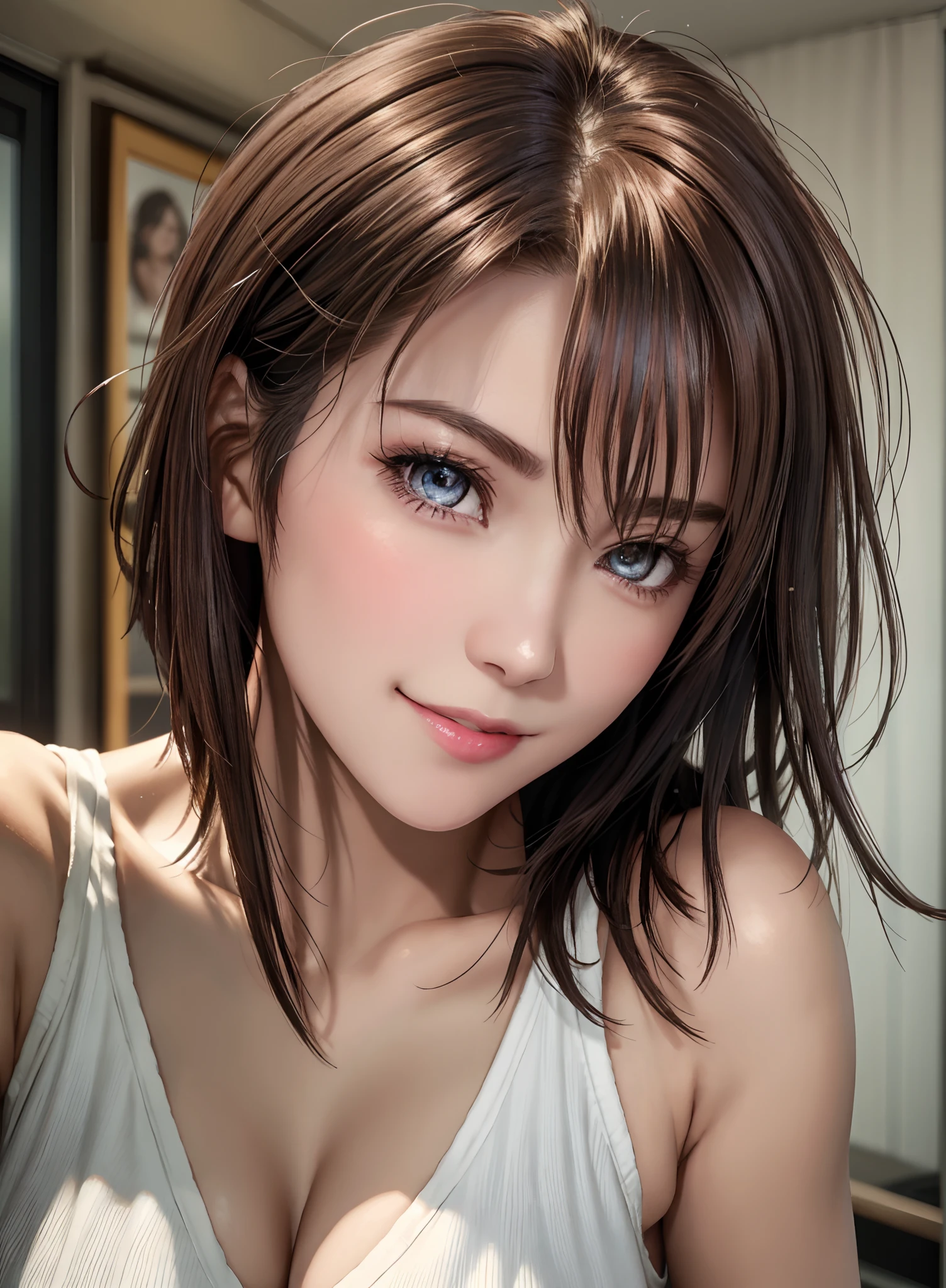 Top quality, ultra high resolution, (photorealistic: 1.4), beautiful eyes, super beautiful, short hair, beautiful breasts, lover, t-shirt with rough chest, eyes inviting viewer, lover's eyes, inviting facial expressions, sexy smile, perfect style, perfect balance, detailed skin, naughty eyes, chest visible