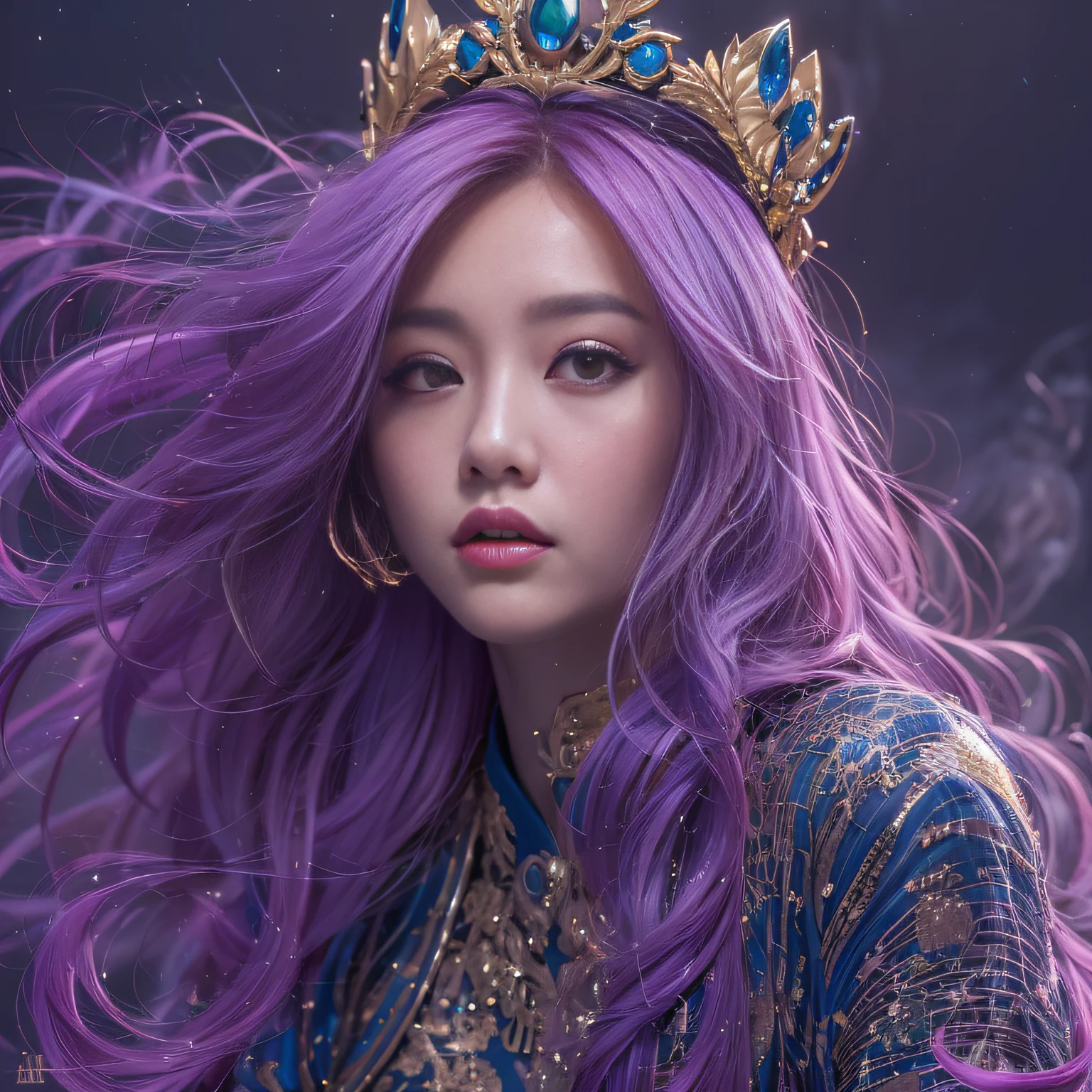 32K（tmasterpiece，k hd，hyper HD，32K）Long flowing bright purple hair，Lunar soil，zydink， a color，  Xuzhou people （Silly girl）， （Silk scarf）， Combat posture， looking at the ground， long whitr hair， Floating bright purple， Fire cloud pattern gold tiara， Chinese long-sleeved gold silk garment， （abstract ink splash：1.2）， smoky background，Lotus protector（realisticlying：1.4），Bright purple hair，Mist on the road，Smoke in the background， A high resolution， the detail， RAW photogr， Sharp Re， Nikon D850 Film Stock Photo by Jefferies Lee 4 Kodak Portra 400 Camera F1.6 shots, Rich colors, ultra-realistic vivid textures, Dramatic lighting, Unreal Engine Art Station Trend, cinestir 800，Long flowing bright purple hair，see-through transparent clothes