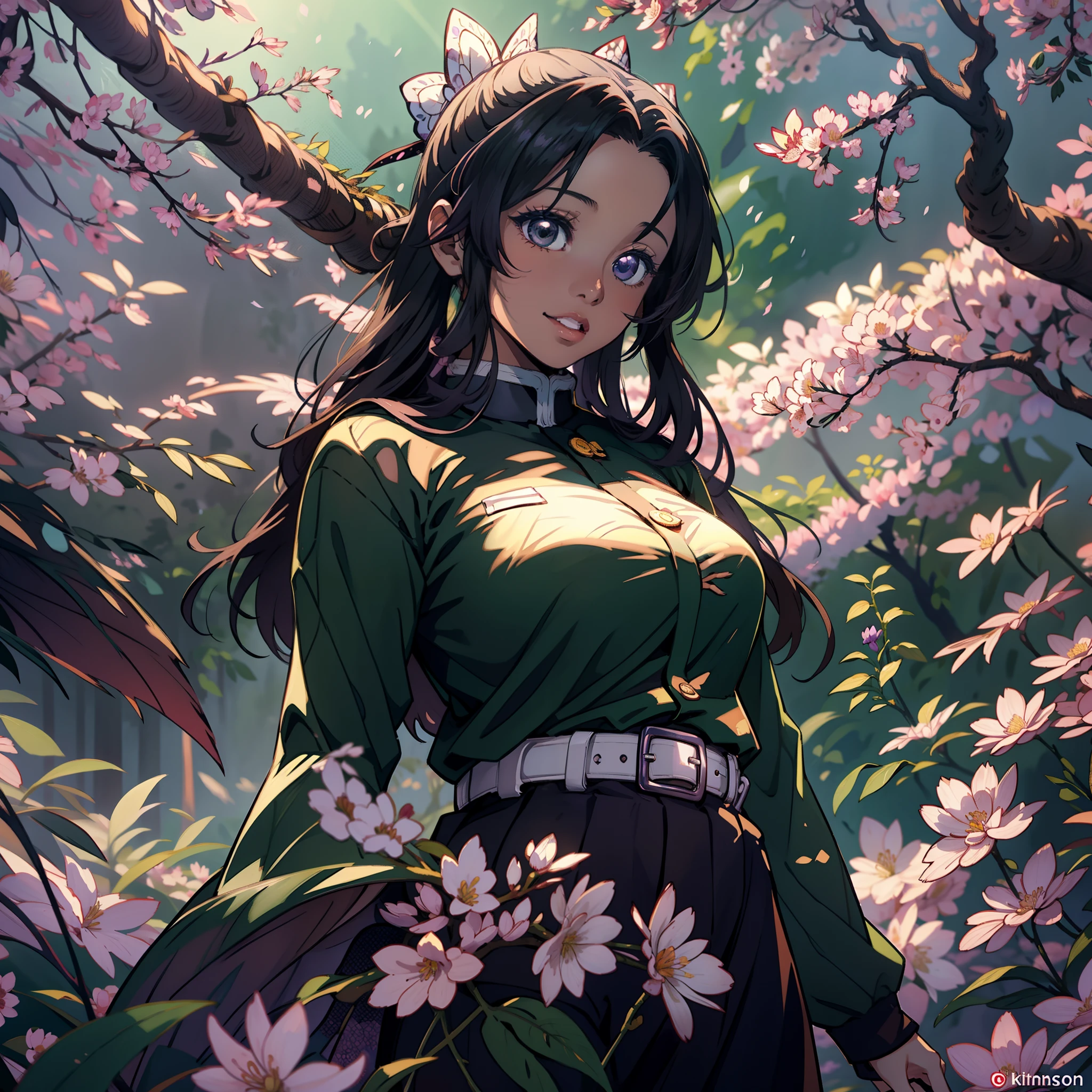 Beautiful dark skin girl standing under a cherry blossom tree holding a nature katana, long black hair elegantly curled, beautiful handcraft gold flower pins in hair, bright smile, plump big lips, big glowing green eyes, wearing demon slayer uniform, loose black demon slayer pants fastened by a big white belt, wearing a traditional green haori with purple and red flower patterns over black demon slayer uniform,demon slayer style, 8k resolution, high quality, best quality, (masterpiece), highly detailed, good shadows,