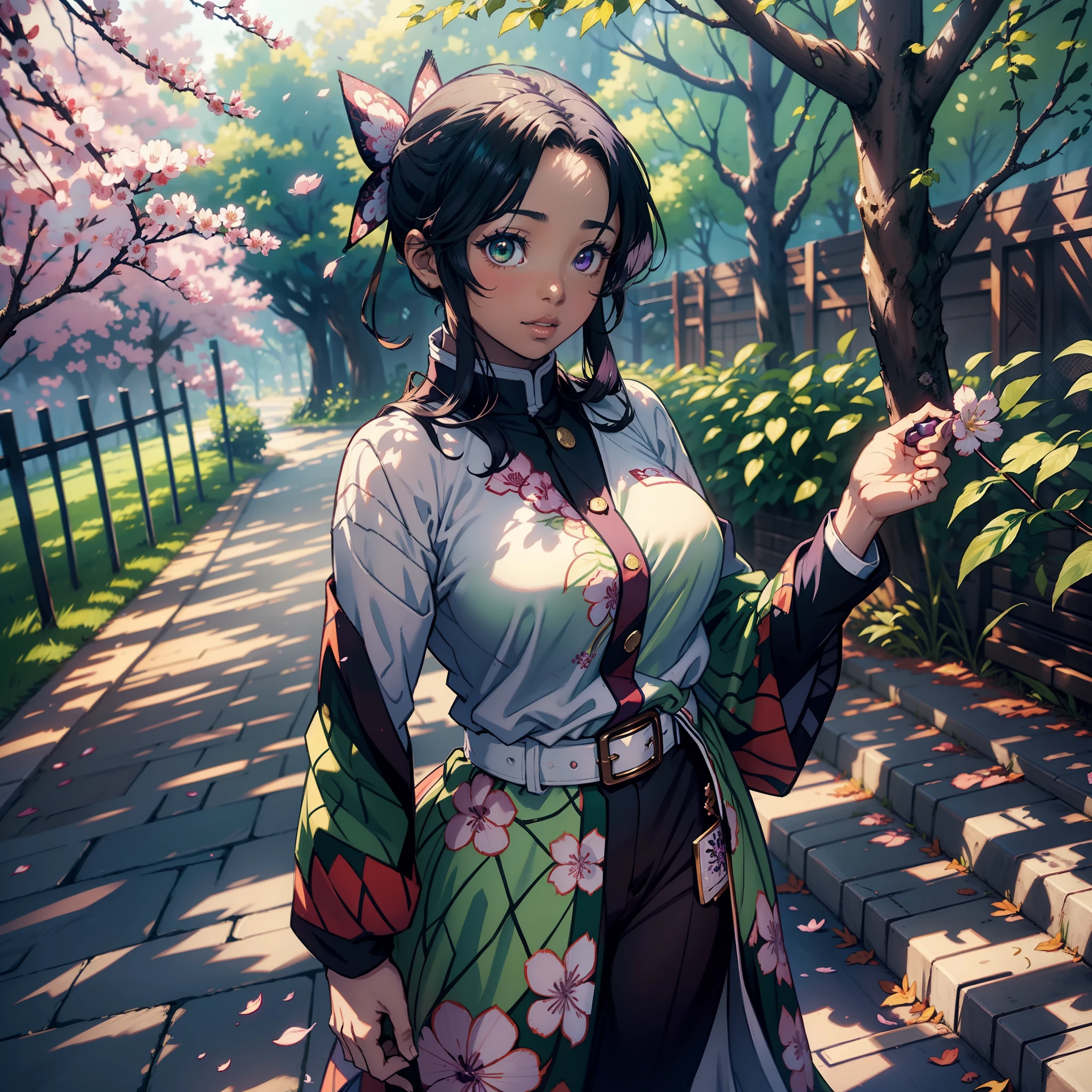 Beautiful dark skin girl standing under a cherry blossom tree holding a nature katana, long black hair elegantly curled, beautiful handcraft gold flower pins in hair, bright smile, plump big lips, big glowing green eyes, wearing demon slayer uniform, loose black demon slayer pants fastened by a big white belt, wearing a traditional green haori with purple and red flower patterns over black demon slayer uniform,demon slayer style, 8k resolution, high quality, best quality, (masterpiece), highly detailed, good shadows,