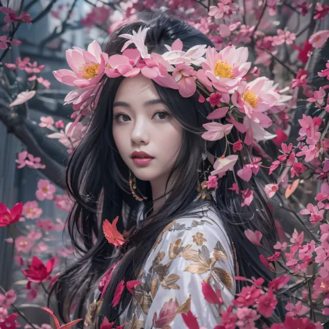 32K（tmasterpiece，k hd，hyper HD，32K）Long flowing black hair，ponds，zydink， a color，  Xuzhou people （Silly girl）， （Silk scarf）， Com...