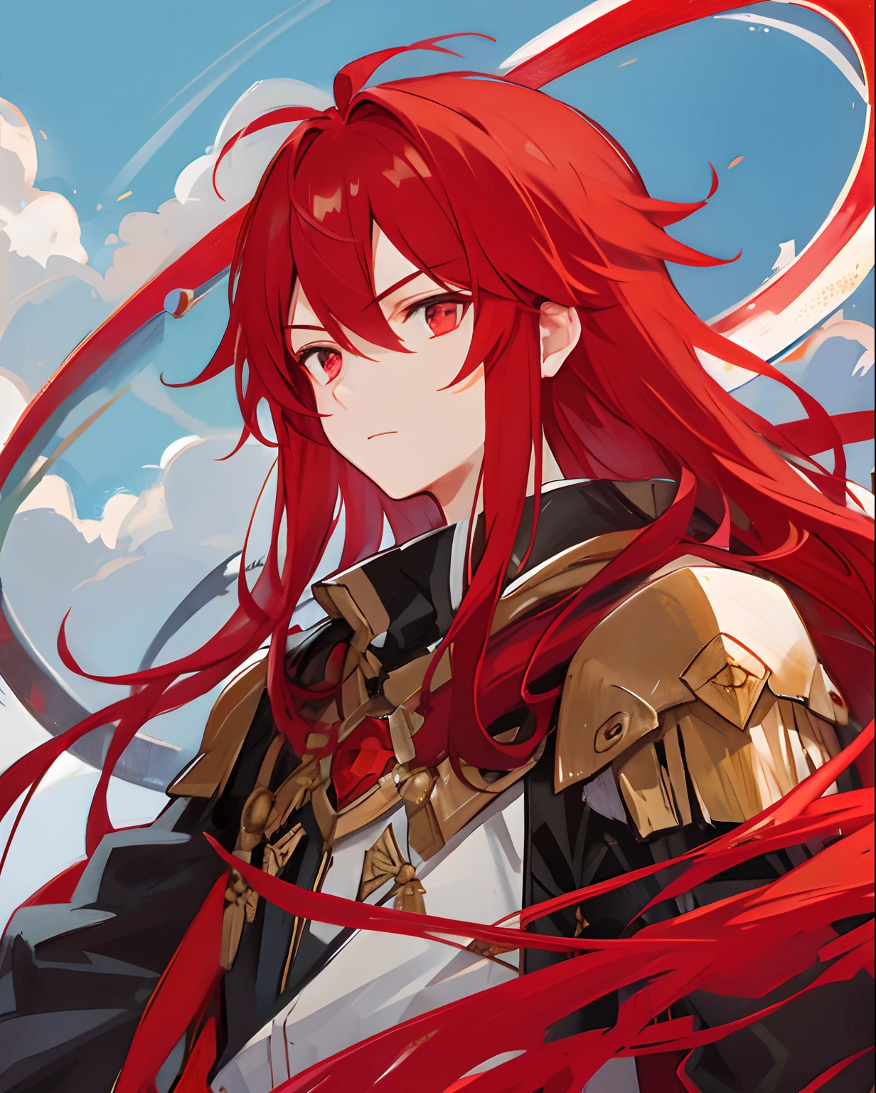 1 boy, (red dull eyes), red long hair, expressionless, cold demeanor, cute, charismatic, fire background, ((noble attire)), focus on the face, ((young face))