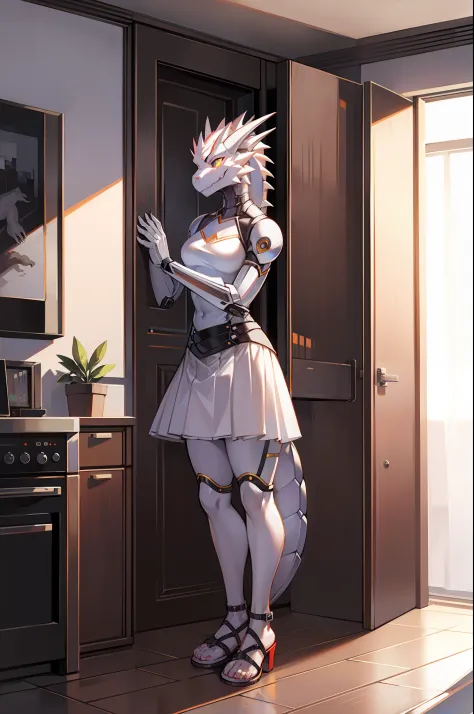 Mechanical Dragon，wearing a white skirt，Standing in the apartment，sandals