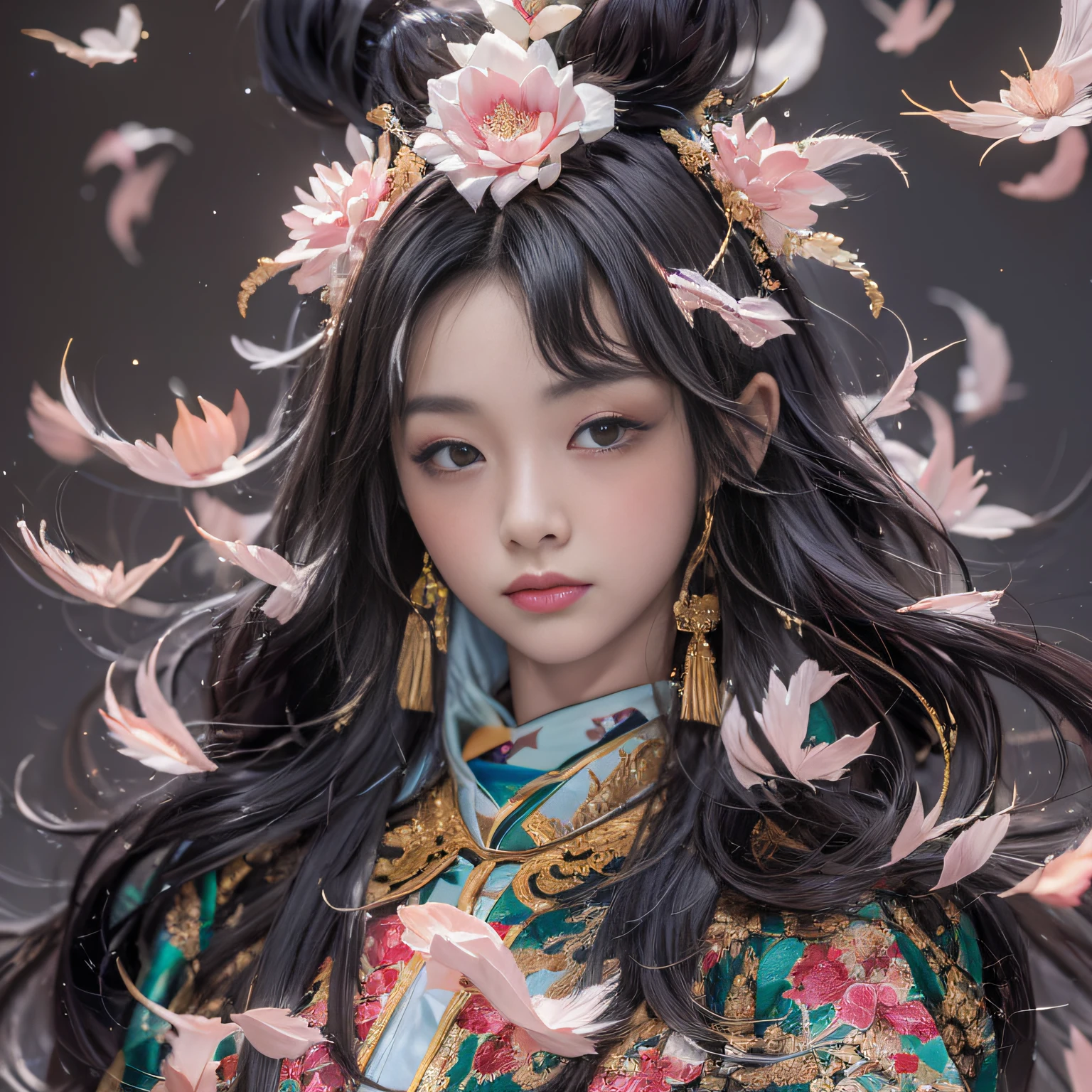 32K（tmasterpiece，k hd，hyper HD，32K）Long flowing black hair，ponds，zydink， a color，  Xuzhou people （Silly girl）， （Silk scarf）， Combat posture， looking at the ground， long whitr hair， Floating hair， Carp pattern headdress， Chinese long-sleeved clothing， （Abstract gouache splash：1.2）， Pink petal background，Pink and white lotus flowers fly（realisticlying：1.4），Black color hair，Fallen leaves flutter，The background is pure， A high resolution， the detail， RAW photogr， Sharp Re， Nikon D850 Film Stock Photo by Jefferies Lee 4 Kodak Portra 400 Camera F1.6 shots, Rich colors, ultra-realistic vivid textures, Dramatic lighting, Unreal Engine Art Station Trend, cinestir 800，Long flowing black hair，see-through transparent clothes