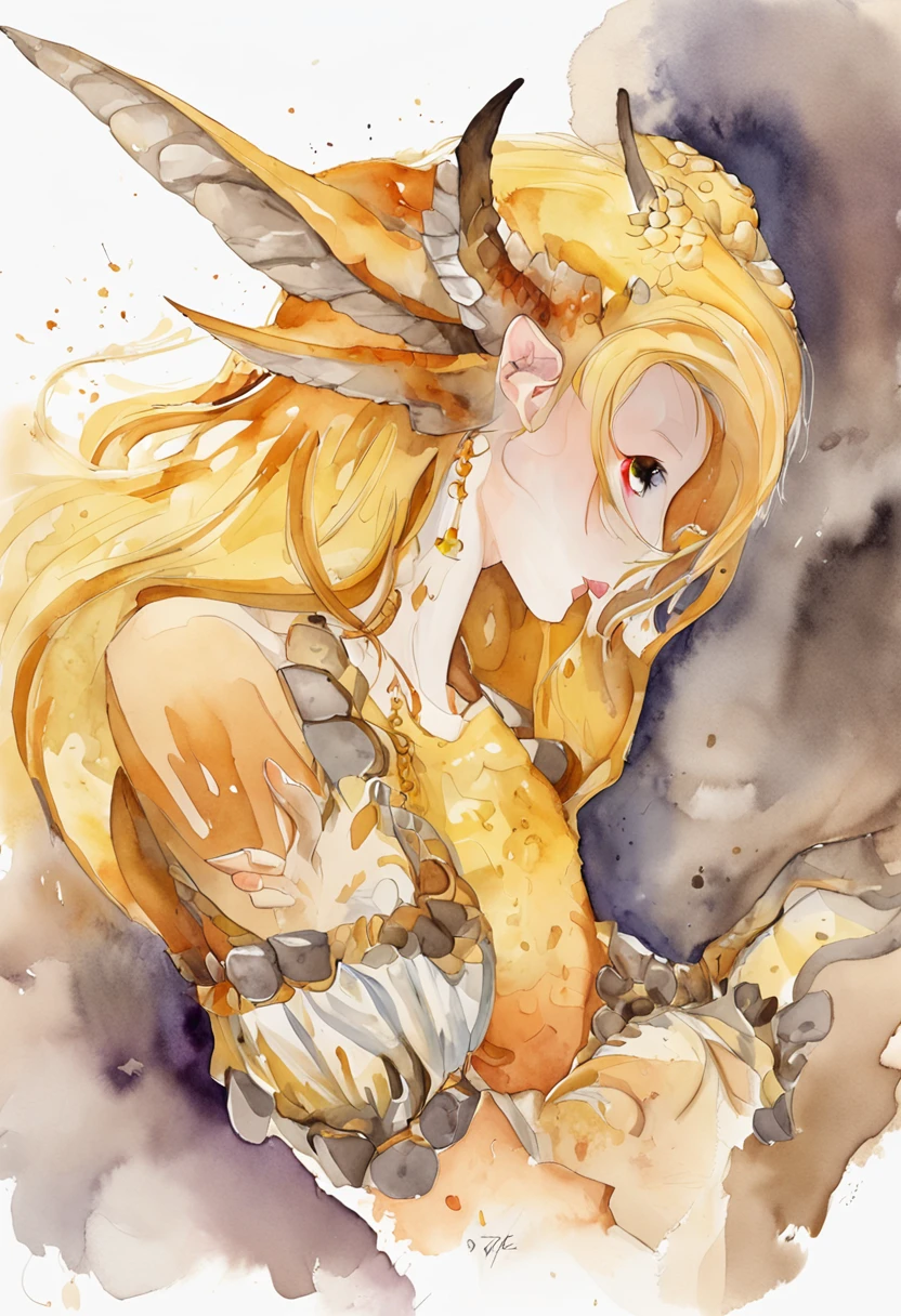 A painting of a woman with a dragon head and a yellow dress - SeaArt AI