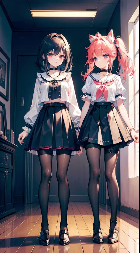 ,twins, Masterpiece,Best quality,offcial art,Extremely detailed Cg Unity 8K wallpaper, 2girls, cute female child, Yuri, hair adornments, Short shorts, Crop top, Pantyhose, ribbon_choker necklace, leg belt,