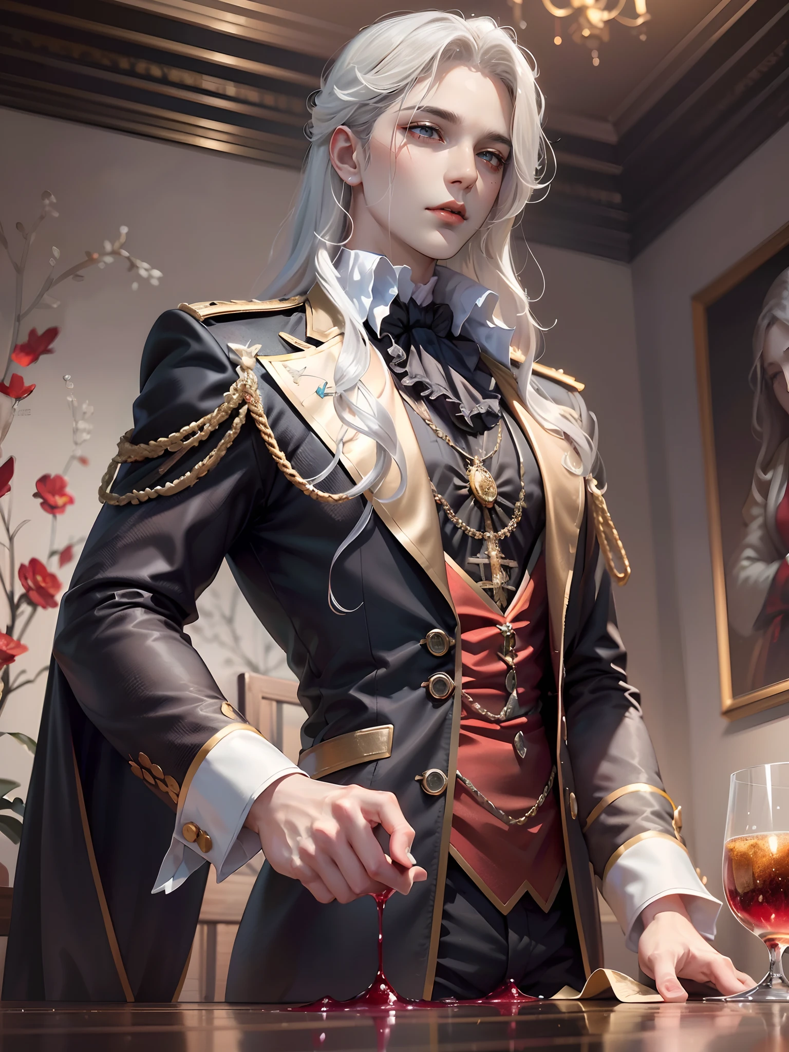 meilleure qualité，chef-d&#39;œuvre，Une haute résolution, 4k, 8k,Illustration détaillée du concept CG,Beaux-arts officiels，Dans l&#39;image du prince vampire au 19e siècle，On peut voir un homme élégant et charmant，Habillé en tenue de gentleman noir。Sa grande silhouette et ses doigts fins révèlent son tempérament noble。Son visage était pâle et délicat，Le visage tridimensionnel présente une touche de mystère et de majesté。 Il a des cheveux blonds soyeux，Le mélange est légèrement blanc argenté。Une paire d&#39;yeux profonds brillants de sagesse froide。Ses yeux étaient rouge foncé，Il semble contenir des désirs et des pouvoirs infinis。 Dans sa main gauche, il tient un verre à vin incrusté de rubis.，Le liquide rouge dans la tasse ressemble à du saignement。 Une magnifique peinture à l&#39;huile est accrochée au mur à côté，Le tableau représente une belle scène nocturne，La lumière des étoiles scintille，La lune est suspendue au-dessus du firmament。Et les personnages de ce tableau，Exactement son ancien amant。，Maintenant il est devenu sa proie。