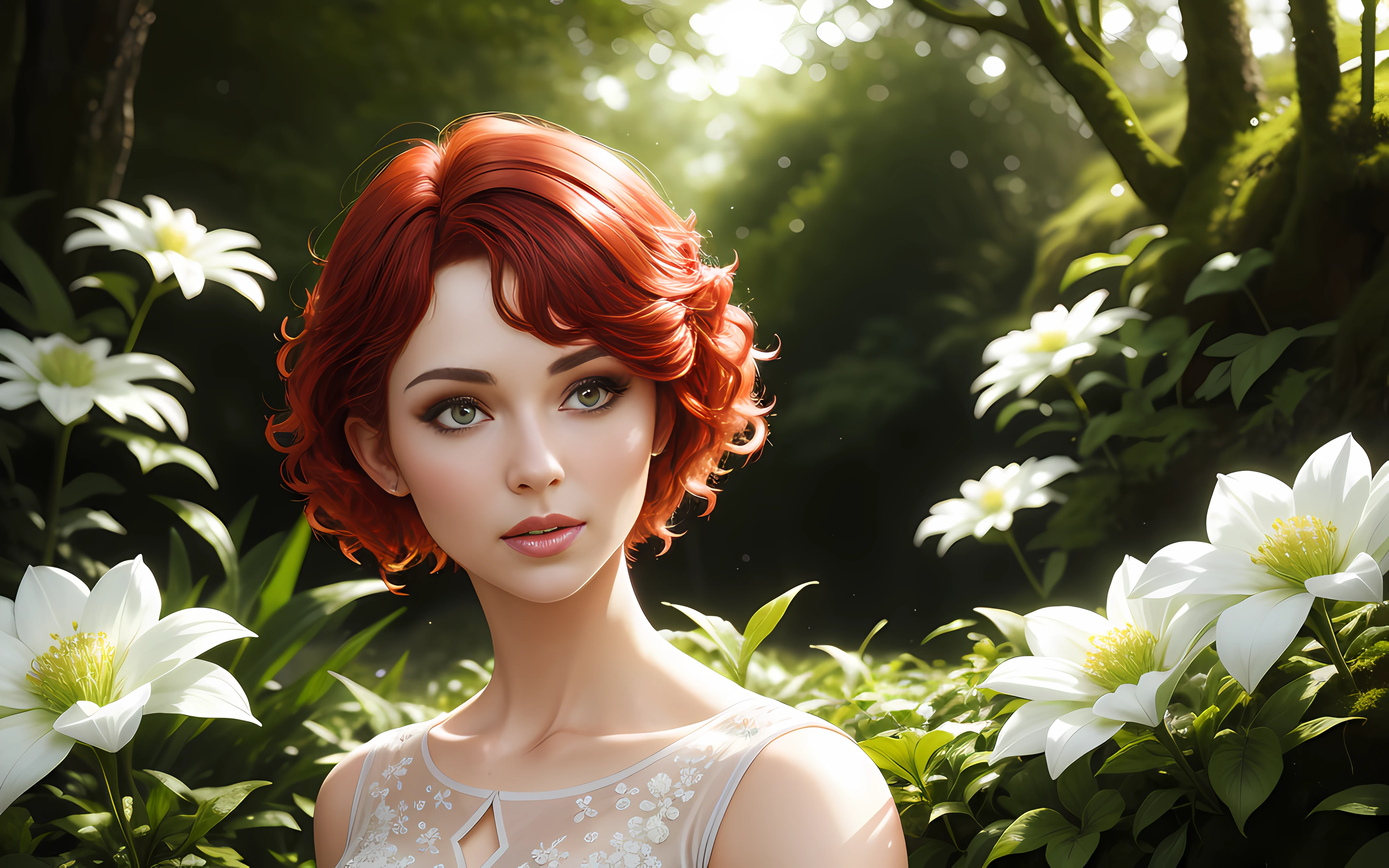 cute woman, (elegant, beautiful face), transparent white dress, forest moss, flowers feld, curly red hair, magical atmosphere, (short hair), ((detailed skin, skin texture)), ultradetailed (intricately detailed, fine details, hyperdetailed), raytracing, subsurface scattering, (fantasy underworld on background), diffused soft lighting, shallow depth of field, by (Oliver Wetter), sharp focus bokeh, (realistic photo quality:1.4)