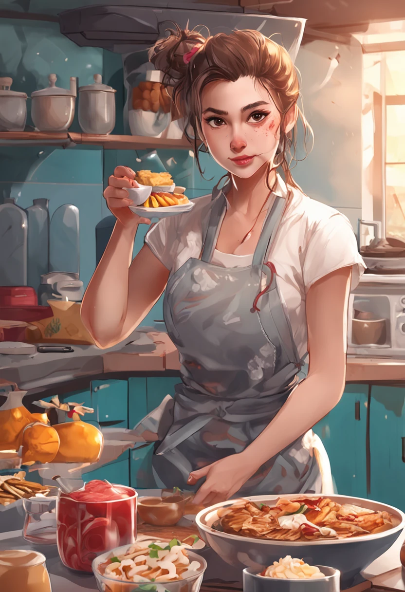 Anime girl in apron holding a plate of food in a kitchen - SeaArt AI