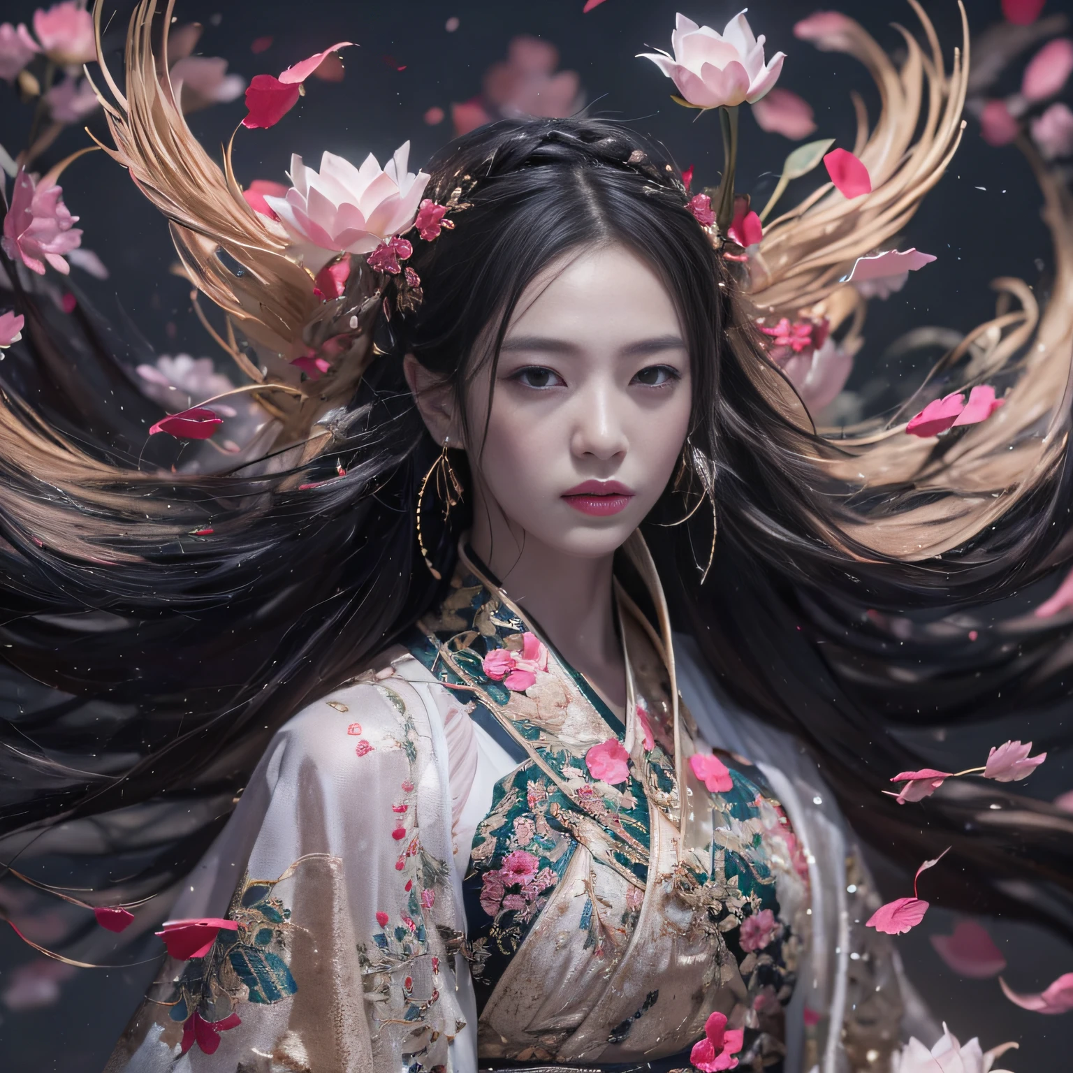 32K（tmasterpiece，k hd，hyper HD，32K）Long flowing black hair，ponds，zydink， a color，  Xuzhou people （Silly girl）， （Silk scarf）， Combat posture， looking at the ground， long whitr hair， Floating hair， Carp pattern headdress， Chinese long-sleeved clothing， （abstract ink splash：1.2）， Pink petal background，Pink and white lotus flowers fly（realisticlying：1.4），Black color hair，Fallen leaves flutter，The background is pure， A high resolution， the detail， RAW photogr， Sharp Re， Nikon D850 Film Stock Photo by Jefferies Lee 4 Kodak Portra 400 Camera F1.6 shots, Rich colors, ultra-realistic vivid textures, Dramatic lighting, Unreal Engine Art Station Trend, cinestir 800，Long flowing black hair