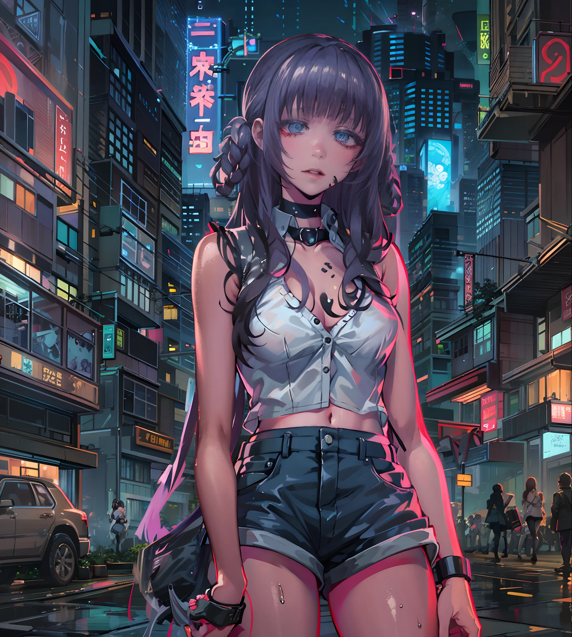 Noite, Fundo colorido da cidade cyberpunk, chuva, Rua, Maid girl, Nanakusa Nazuna, 1menina, franja, fundo preto, jaqueta preta, camisa preta, shorts pretos, olhos azuis, franja romba, seios, recorte de decote, recorte de roupa, crop top, sombra, presas, gradient hair, cabelo grisalho, hair rings, jaqueta, cabelo roxo claro, olhando para o espectador, maquiagem, cabelo multicolorido, umbigo, boca aberta, sombra vermelha, camisa, shorts, sem mangas, sleeveless turtleneck, manga top de colheita de gola alta, seios pequenos, solo, stomach, gola alta, topo de colheita de gola alta, cabelo de dois tons, vampiro, olhos azuis, olhos brilhantes, Meias pretas, retroiluminado, brilhar, Surveying the audience, Low angle lens, olhando para cima lente, perfect composition, delicadeza perfeita de luz e sombra, 8k,1girl,cabelos longos, cabelo sobre virilha,  (),somente_Arms,ao ar livre,Nosso,Luz_sorrir