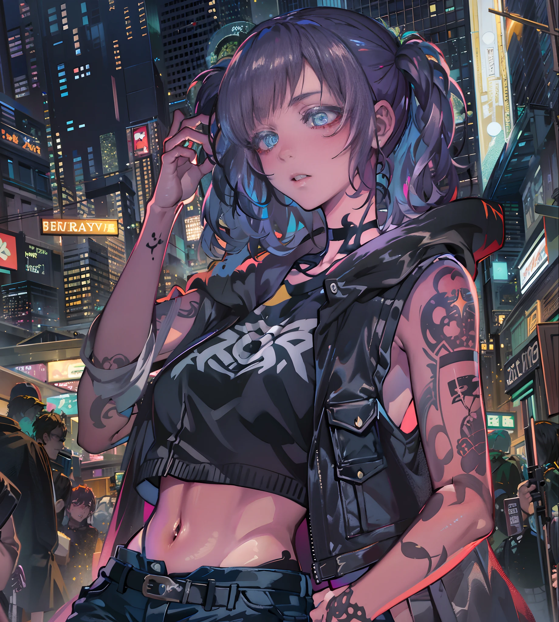 Noite, Fundo colorido da cidade cyberpunk, chuva, Rua, Maid girl, Nanakusa Nazuna, 1menina, franja, fundo preto, jaqueta preta, camisa preta, shorts pretos, olhos azuis, franja romba, seios, recorte de decote, recorte de roupa, crop top, sombra, presas, gradient hair, cabelo grisalho, hair rings, jaqueta, cabelo roxo claro, olhando para o espectador, maquiagem, cabelo multicolorido, umbigo, boca aberta, sombra vermelha, camisa, shorts, sem mangas, sleeveless turtleneck, manga top de colheita de gola alta, seios pequenos, solo, stomach, gola alta, topo de colheita de gola alta, cabelo de dois tons, vampiro, olhos azuis, olhos brilhantes, Meias pretas, retroiluminado, brilhar, Surveying the audience, Low angle lens, olhando para cima lente, perfect composition, delicadeza perfeita de luz e sombra, 8k,1girl,cabelos longos, cabelo sobre virilha,  (),somente_Arms,ao ar livre,Nosso,Luz_sorrir