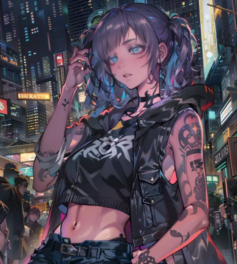 noite, fundo colorido da cidade cyberpunk, chuva, rua, maid girl, nanakusa nazuna, 1menina, franja, fundo preto, jaqueta preta, ...