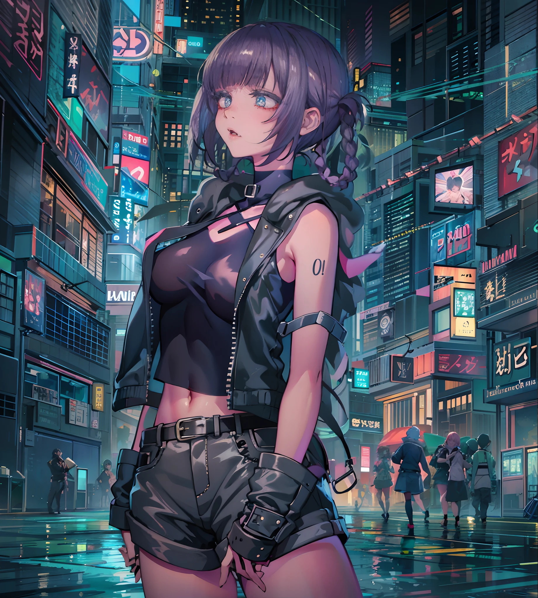 Noite, Fundo colorido da cidade cyberpunk, chuva, Rua, Maid girl, Nanakusa Nazuna, 1menina, franja, fundo preto, jaqueta preta, camisa preta, shorts pretos, olhos azuis, franja romba, seios, recorte de decote, recorte de roupa, crop top, sombra, presas, gradient hair, cabelo grisalho, hair rings, jaqueta, cabelo roxo claro, olhando para o espectador, maquiagem, cabelo multicolorido, umbigo, boca aberta, sombra vermelha, camisa, shorts, sem mangas, sleeveless turtleneck, manga top de colheita de gola alta, seios pequenos, solo, stomach, gola alta, topo de colheita de gola alta, cabelo de dois tons, vampiro, olhos azuis, olhos brilhantes, Meias pretas, retroiluminado, brilhar, Surveying the audience, Low angle lens, olhando para cima lente, perfect composition, delicadeza perfeita de luz e sombra, 8k,1girl,cabelos longos, cabelo sobre virilha,  (),somente_Arms,ao ar livre,Nosso,Luz_sorrir