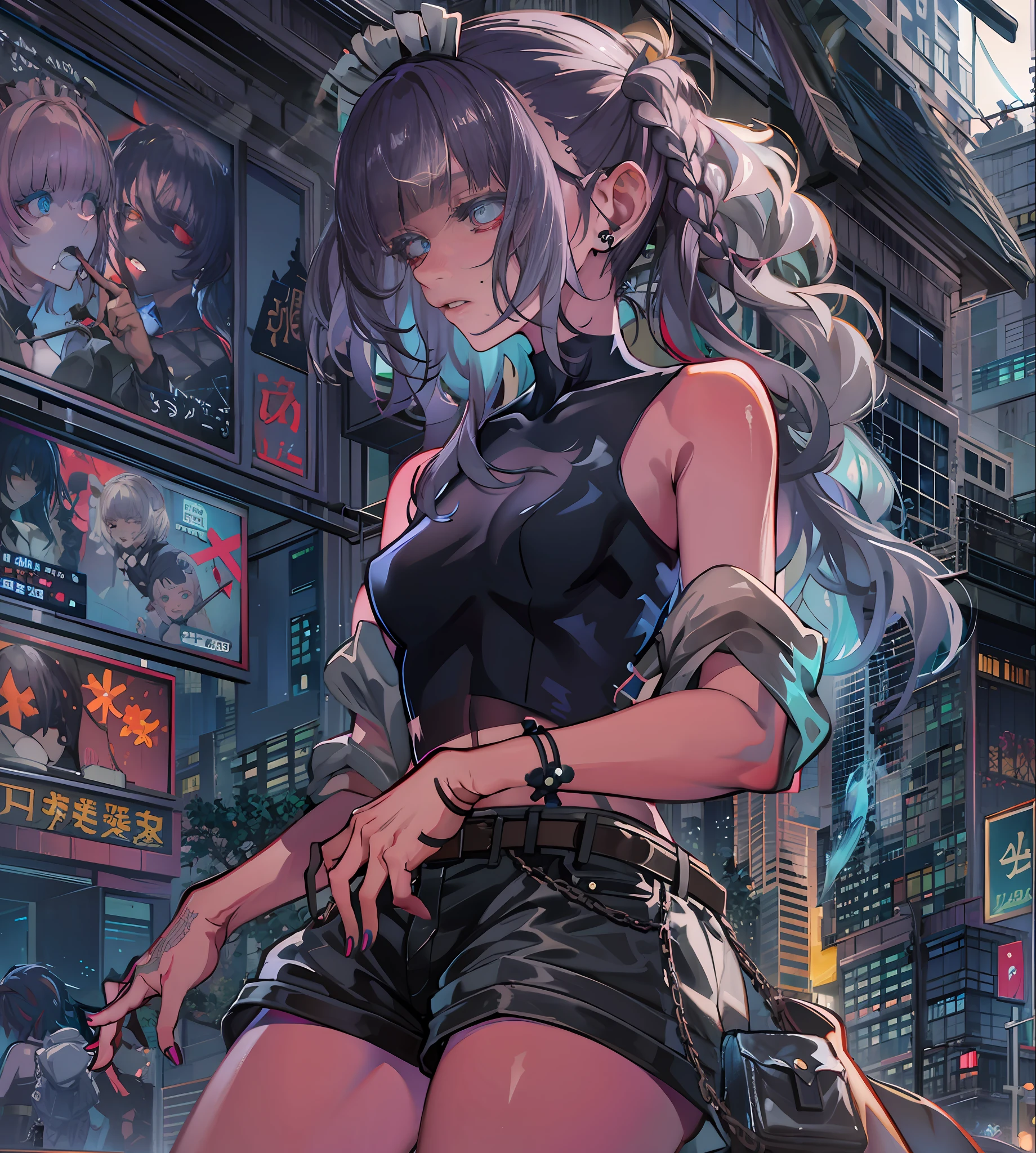 Noite, Fundo colorido da cidade cyberpunk, chuva, Rua, Maid girl, Nanakusa Nazuna, 1menina, franja, fundo preto, jaqueta preta, camisa preta, shorts pretos, olhos azuis, franja romba, seios, recorte de decote, recorte de roupa, crop top, sombra, presas, gradient hair, cabelo grisalho, hair rings, jaqueta, cabelo roxo claro, olhando para o espectador, maquiagem, cabelo multicolorido, umbigo, boca aberta, sombra vermelha, camisa, shorts, sem mangas, sleeveless turtleneck, manga top de colheita de gola alta, seios pequenos, solo, stomach, gola alta, topo de colheita de gola alta, cabelo de dois tons, vampiro, olhos azuis, olhos brilhantes, Meias pretas, retroiluminado, brilhar, Surveying the audience, Low angle lens, olhando para cima lente, perfect composition, delicadeza perfeita de luz e sombra, 8k,1girl,cabelos longos, cabelo sobre virilha,  (),somente_Arms,ao ar livre,Nosso,Luz_sorrir