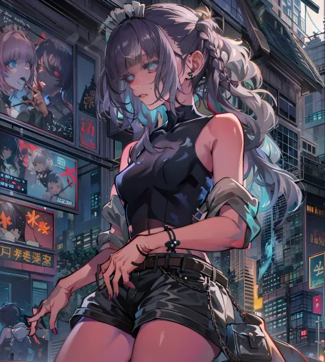 noite, fundo colorido da cidade cyberpunk, chuva, rua, maid girl, nanakusa nazuna, 1menina, franja, fundo preto, jaqueta preta, ...