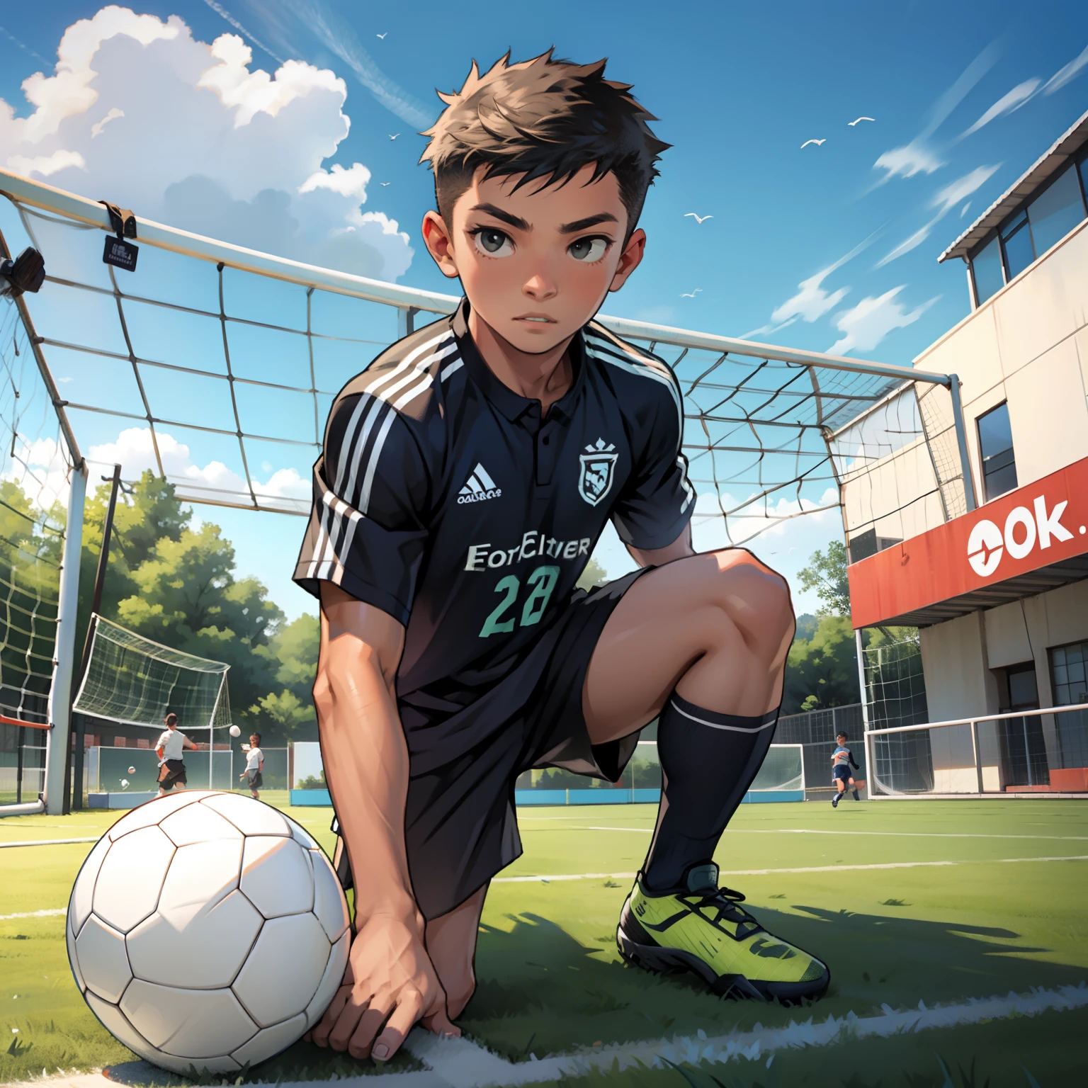 A boy is playing soccer，soccer court