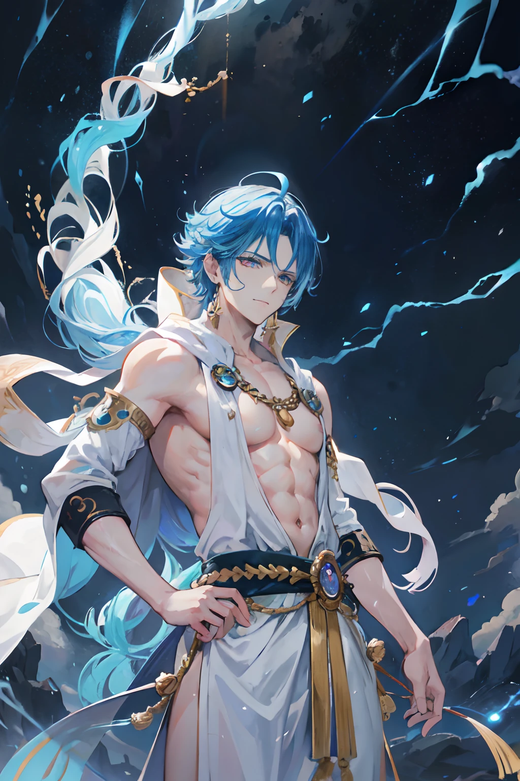 anime, handsome guy,Indra, king of the devas (god-like deities) and Svarga (heaven) in Hinduism. He is associated with the sky, lightning, weather, thunder, storms, rains, river flows, and war. (masterpiece, top quality, best quality),extreme detailed,colorful,highest detailed ((ultra-detailed)), (highly detailed CG illustration),(from front),cinematic light, looks like enel from one piece