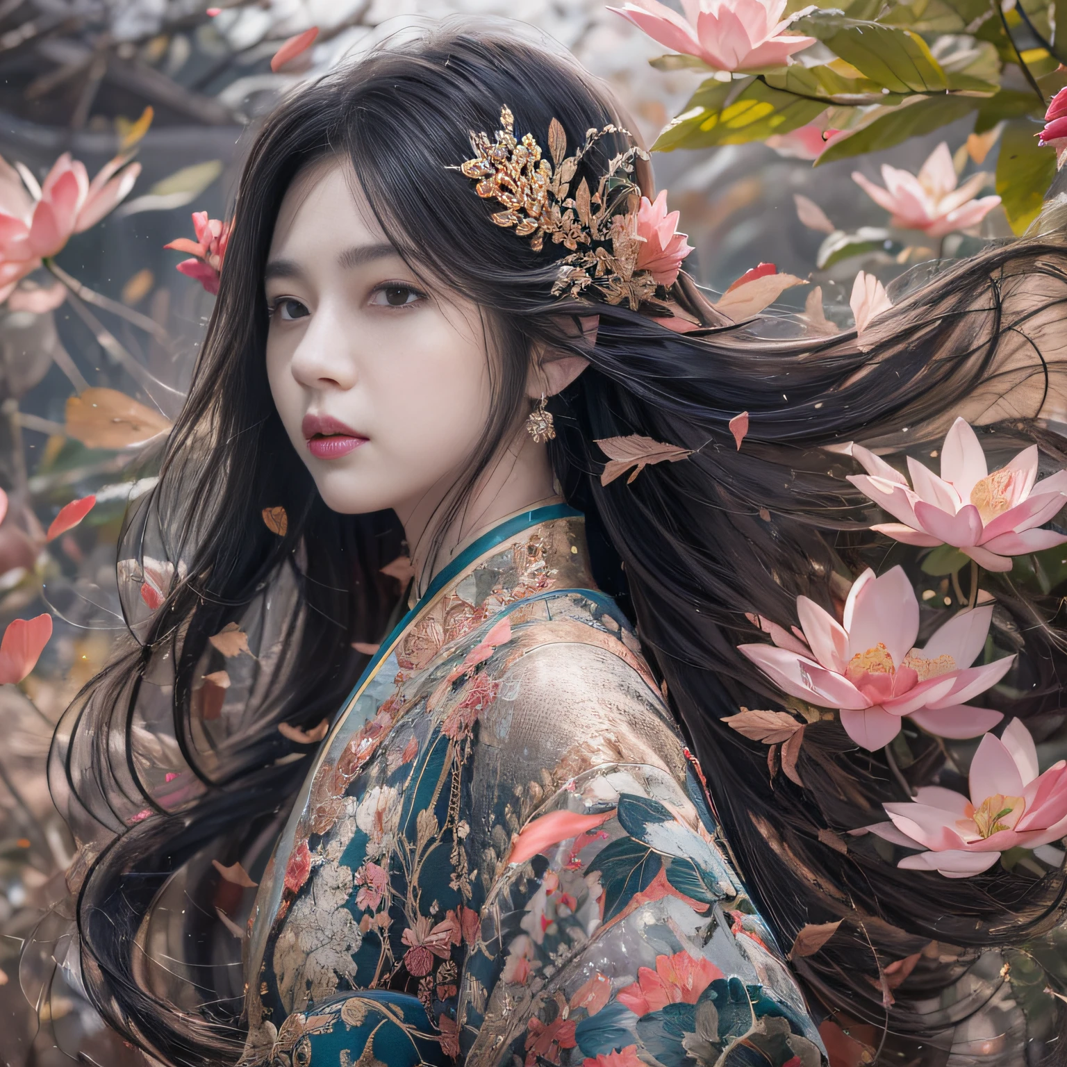 32K（tmasterpiece，k hd，hyper HD，32K）Long flowing black hair，ponds，zydink， a color，  Xuzhou people （Silly girl）， （Silk scarf）， Combat posture， looking at the ground， long whitr hair， Floating hair， Carp pattern headdress， Chinese long-sleeved clothing， （abstract ink splash：1.2）， Pink petal background，Pink and white lotus flowers fly（realisticlying：1.4），Black color hair，Fallen leaves flutter，The background is pure， A high resolution， the detail， RAW photogr， Sharp Re， Nikon D850 Film Stock Photo by Jefferies Lee 4 Kodak Portra 400 Camera F1.6 shots, Rich colors, ultra-realistic vivid textures, Dramatic lighting, Unreal Engine Art Station Trend, cinestir 800，Long flowing black hair