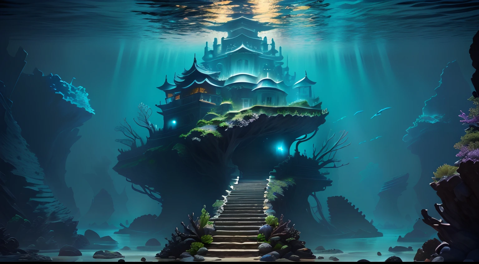 Under the dark sea，Covered with reefs，The surface of the reef has dark stripes。In the middle is a ruin，There are steps，There is a stone throne in the center，There are people sitting on it，In his hand, he held a three-bladed halberd shining with golden light vertically，Around the throne, There is a water flow effect。Far perspective，The surrounding brightness is dim，Bright in the middle，((High material))