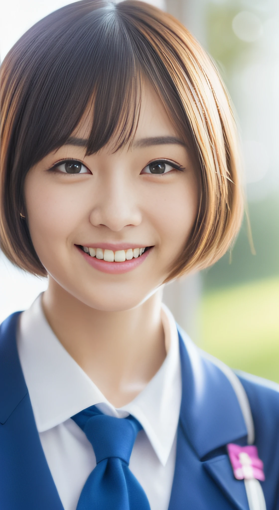 Short-cut hairstyles 、Women in Japan、Summer School Building、Skinny Legs、Extraordinary beauty、Cute face、The best smile、Cute smile、frontage、slender、Schools、 (Raw foto:1.2), (Photorealsitic:1.4),　a beautiful detailed girl, extremely detailed eye and face, beatiful detailed eyes, hight resolution, ighly detailed, top-quality, ​masterpiece, ((Japanese girls' high school uniform)), ighly detailed, nffsw, 8k wallpaper, magnifica, finely detail, top-quality, Highly detailed ticker uniform、 Light on the Face、The upper part of the body、Summer Uniforms