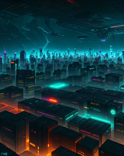Futuristic cityscape with neon glow, bright colors, aerial view of the skyline, with industrial buildings, flying cars, cyberpunk elements, illustrated by nick haywood, trending on artstation, and rendered in unreal engine, with detailed shadows and lightn...